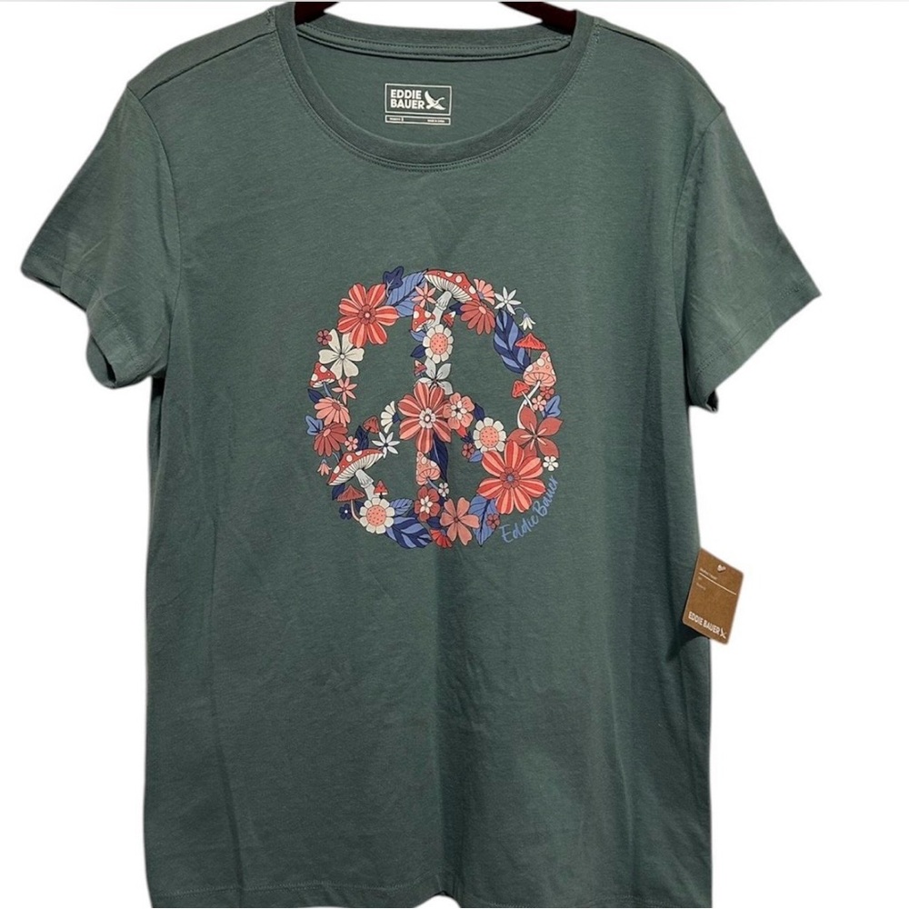 Eddie Bauer Green Tee with Red, Pink & Blue Floral Peace Sign